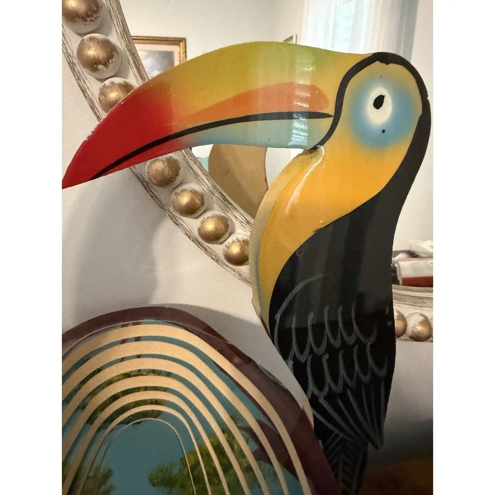 Vintage Tropical Toucan Parrot Collapsible Wooden Fruit Basket Folk‎ Art
